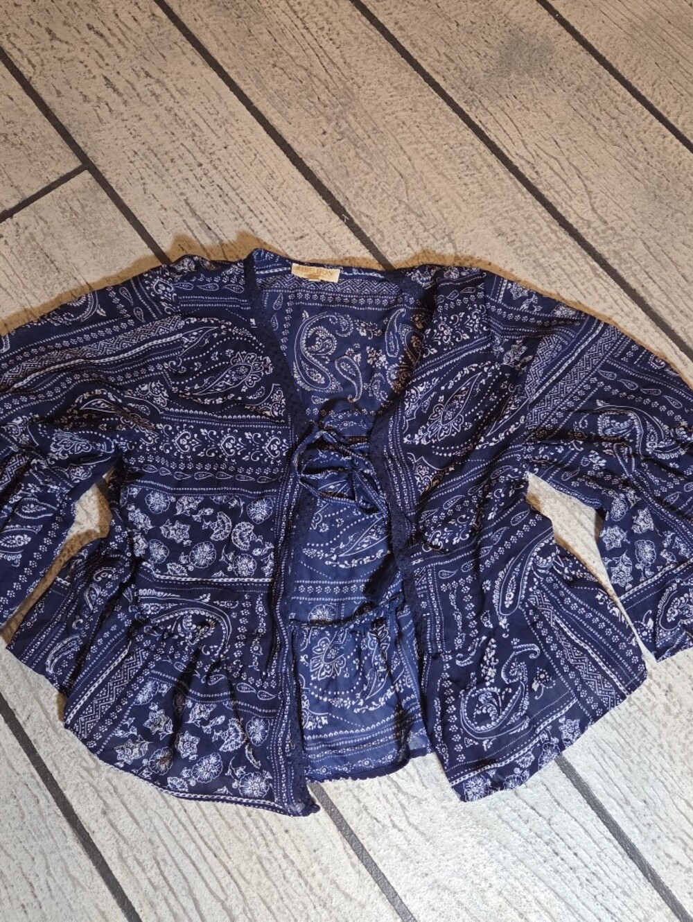 Rebellion Navy Blue Paisley Lace-Up Sheer Top Size Small